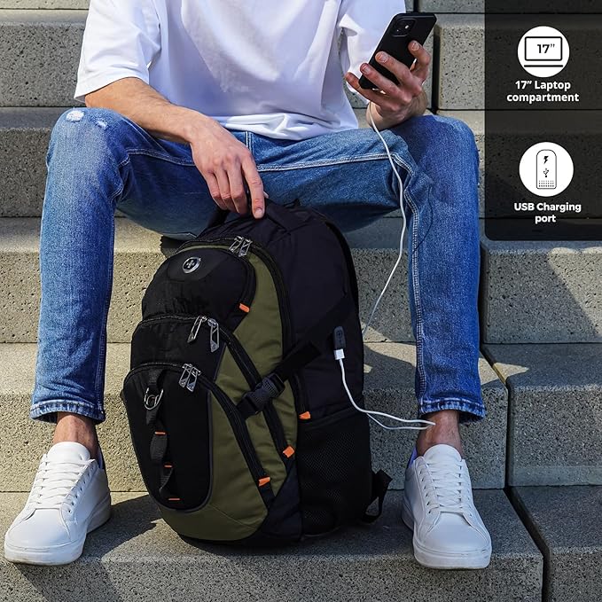 Swissdigital Design Laptop Backpack, Travel Backpack with USB Charging Port Fits 15.6 inches Computer, 31L College School Bookbag for Men,Olive/Black | SD803-26
