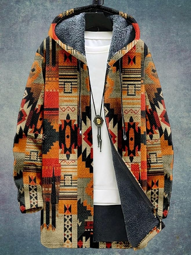 2025 Men's Ethnic Pattern Hooded Jacket Long Cardigan Hoodies Full Zip Vintage Knitted Zipper Coat with Pocket