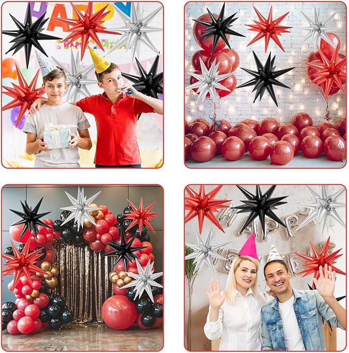 6PCS Star Balloons, 22Inch Large Black Red Silver Star Balloon Explosion Foil Balloons Cone Spike Balloon for Birthday Graduation Wedding Anniversary Party Backdrops Decorations