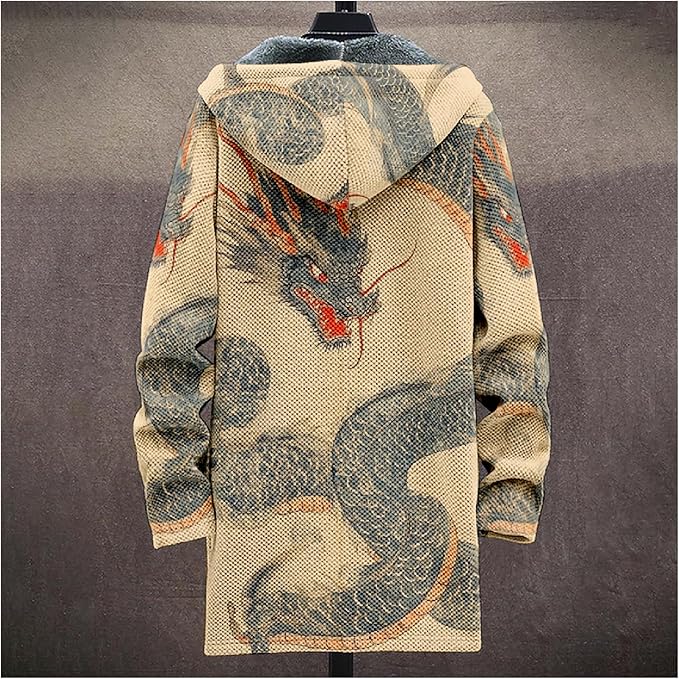 Mens Hooded Cardigan Japanese Art Zip Up Long Sleeve Sweater Hoodie Dragon Print Coat with Pockets