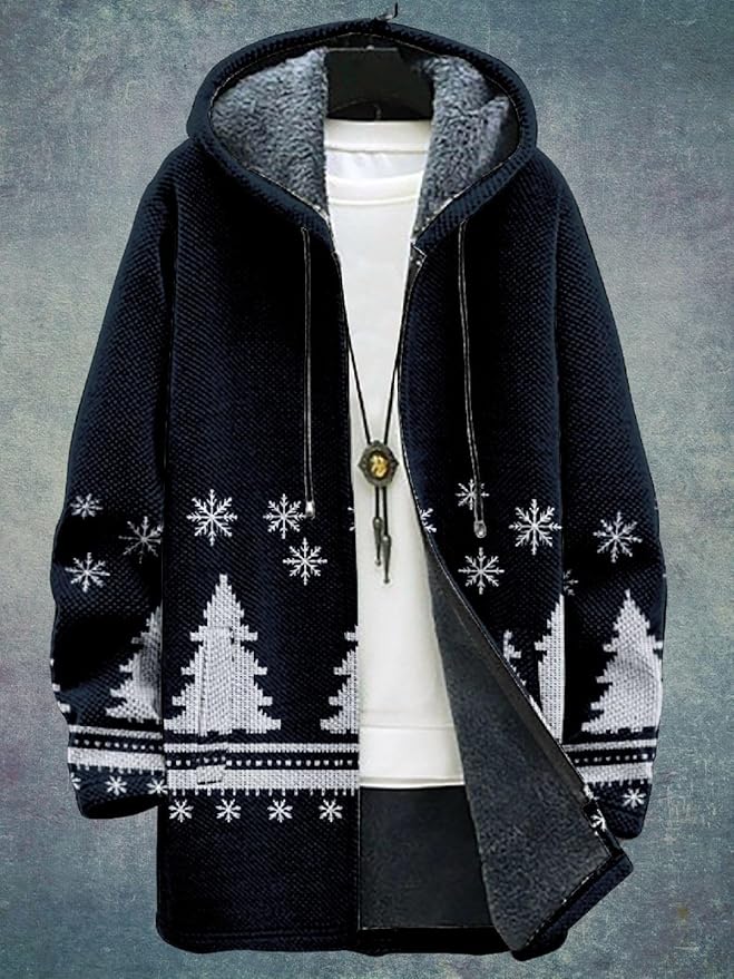 2025 Men's Ethnic Pattern Hooded Jacket Long Cardigan Hoodies Full Zip Vintage Knitted Zipper Coat with Pocket