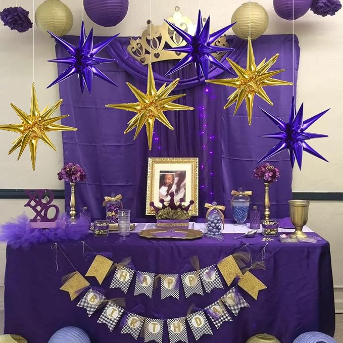 TONIFUL 8 Pcs Purple Gold Foil Balloons Large Star Balloons Explosion Star Mylar Balloons for Party Backdrop Christmas New Year Birthday Wedding Baby Shower Graduation Anniversary Photo Booth Supplies