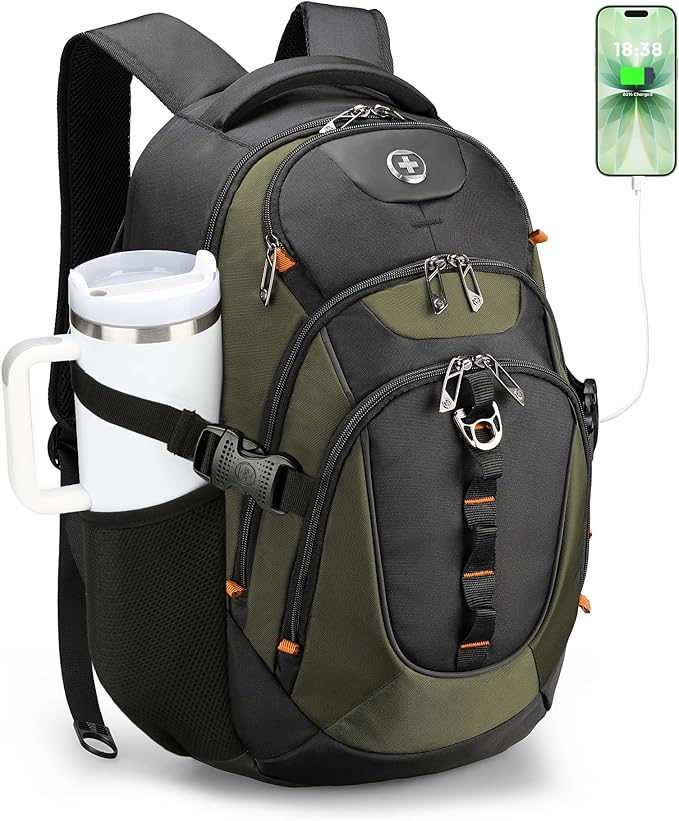 Swissdigital Design Laptop Backpack with USB Charging Port, Travel Backpack Fits 15.6 inches Computer, 31L College School Backpack for Men, Olive/Black | SD803-26