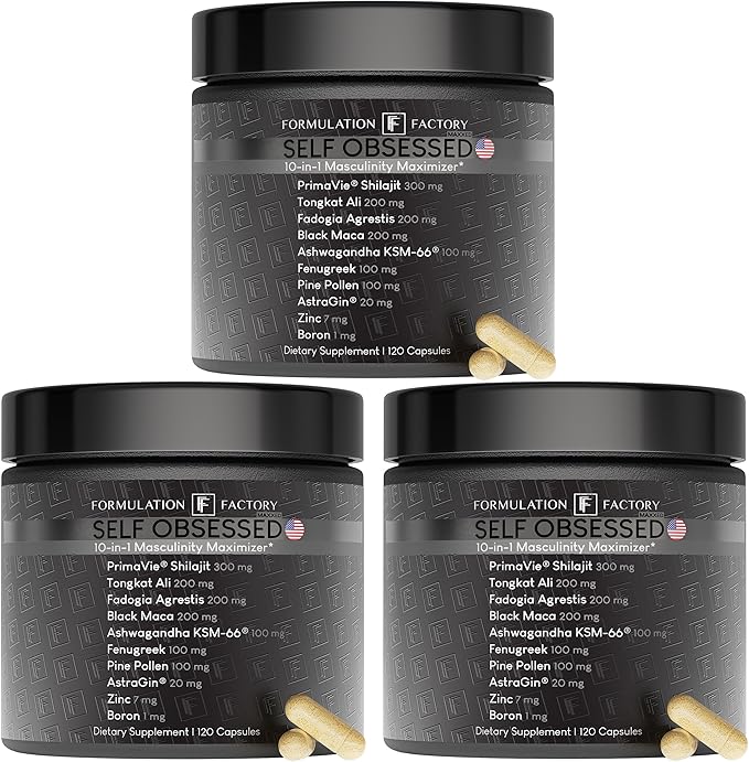 Formulation Factory Self Obsessed MAXXED 10-in-1 Men’s Vitality Supplement with Shilajit, Tongkat Ali, Ashwagandha, Maca, Fadogia, Fenugreek, Zinc, Boron & AstraGin® – 6 Month (Pack of 3)