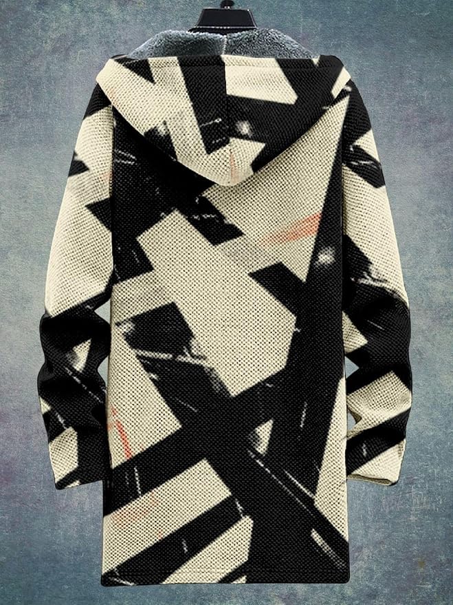 2025 Men's Ethnic Pattern Hooded Jacket Long Cardigan Hoodies Full Zip Vintage Knitted Zipper Coat with Pocket