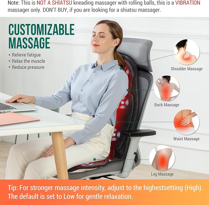 Snailax Vibration Back Massager with Heat, Massage Seat Cushion with 6 Vibrating Motors and 2 Heat Levels, Massage Chair Pad for Home Office use, Gifts for Him Her