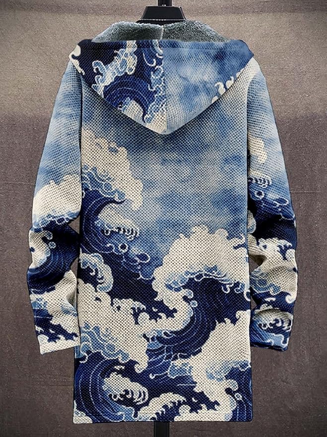 2025 Men's Ethnic Pattern Hooded Jacket Long Cardigan Hoodies Full Zip Vintage Knitted Zipper Coat with Pocket