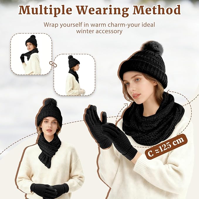 Winter Hat Scarf Gloves Set for Women, Warm Knit Beanie, Touch Screen Gloves and Soft Neck Warmer