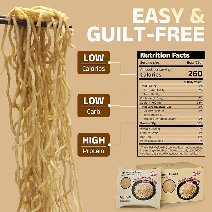 HealSpot High Protein Instant Ramen, 30g Plant Based Protein, Low Fat, Low Carb, Non GMO, Keto Friendly, Plant Based Dry Mixed Ramen, 6 Packs of Sesame Sauce Flavor