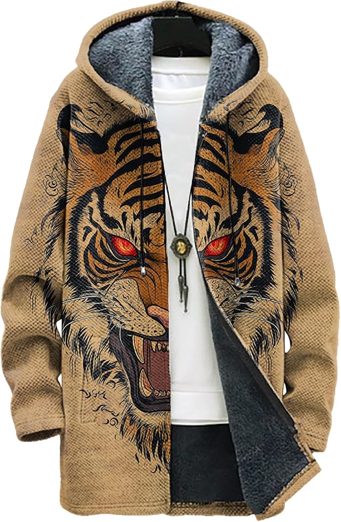 MARSVOVO Long Hooded Cardigan Men Japanese Art Style Fashion Cool Graphic Streetwear Winter Warm Lined Fleece Jacket