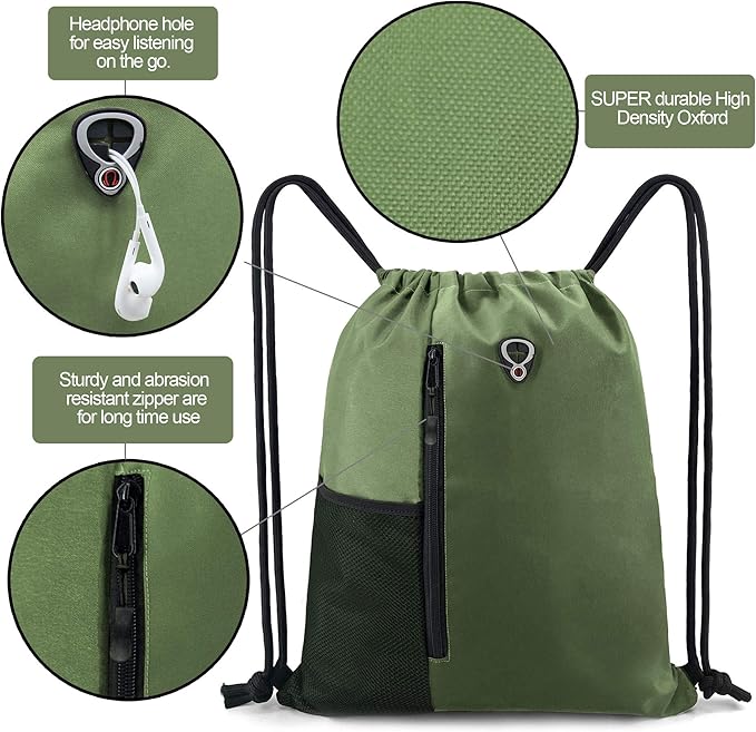 BeeGreen Green Drawstrings Backpacks Bags For Men String Backpack For Women With Water Bottle Pocket &Front Zippered Pocket Large Sackpack For Traveling Yoga Beach Outdoor Gym