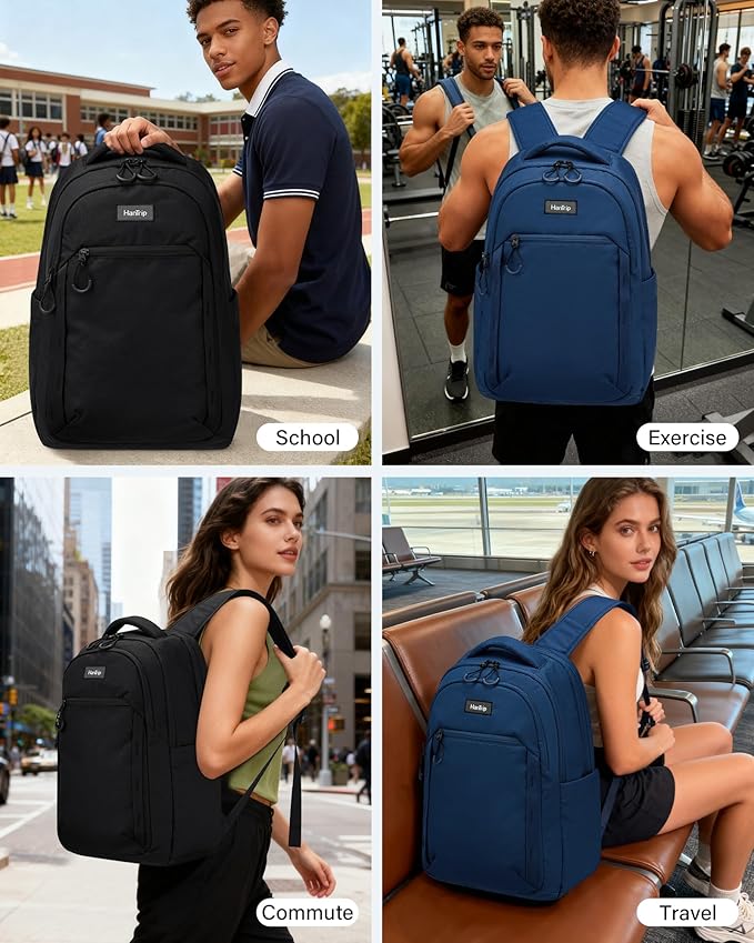 Travel Laptop Backpack for Women Men, 18 Inch Large Work Backpack for Commuter College School Book Bags, Water Resistant Backpack with Luggage Strap Water Bottle Pocket Chest Strap, Black