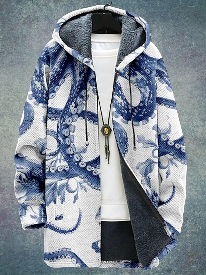 2025 Men's Ethnic Pattern Hooded Jacket Long Cardigan Hoodies Full Zip Vintage Knitted Zipper Coat with Pocket