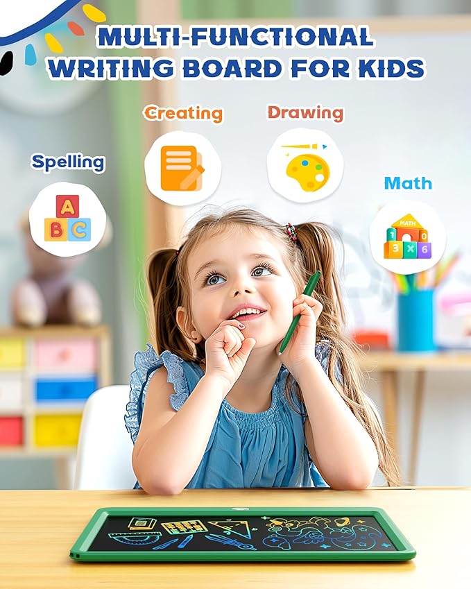 Bravokids 12 Inch LCD Writing Tablet for 3 Year Olds - Electronic Drawing Pad and Doodle Board as Educational Birthday Gifts for Girls and Boys (Green)