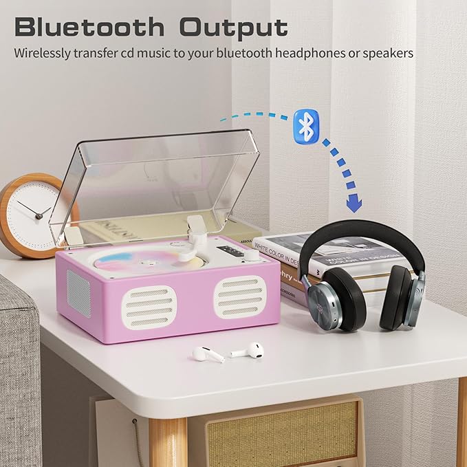 CD Player Portable Bluetooth Input/Output, Retro CD Player with Hi-Fi Speakers, Rechargeable Cute CD Players for Home with LED Display, USB Playback, AUX-in, Headphone Jack, Purple-Pink