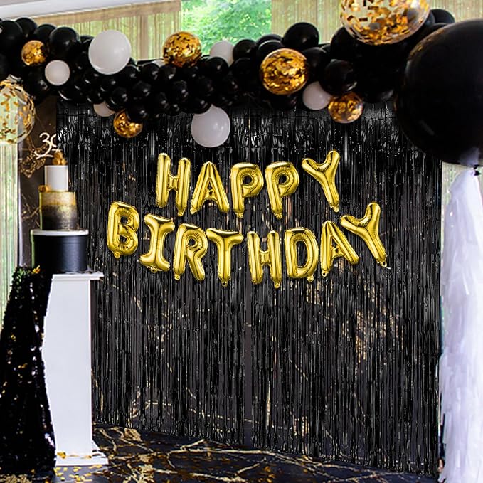 2 Pack Black Party Streamers Backdrop Tinsel Foil Fringe Curtains Halloween Party Decorations Birthday Wednesday Twilight Party Decorations Graduation Wizard Party Supplies