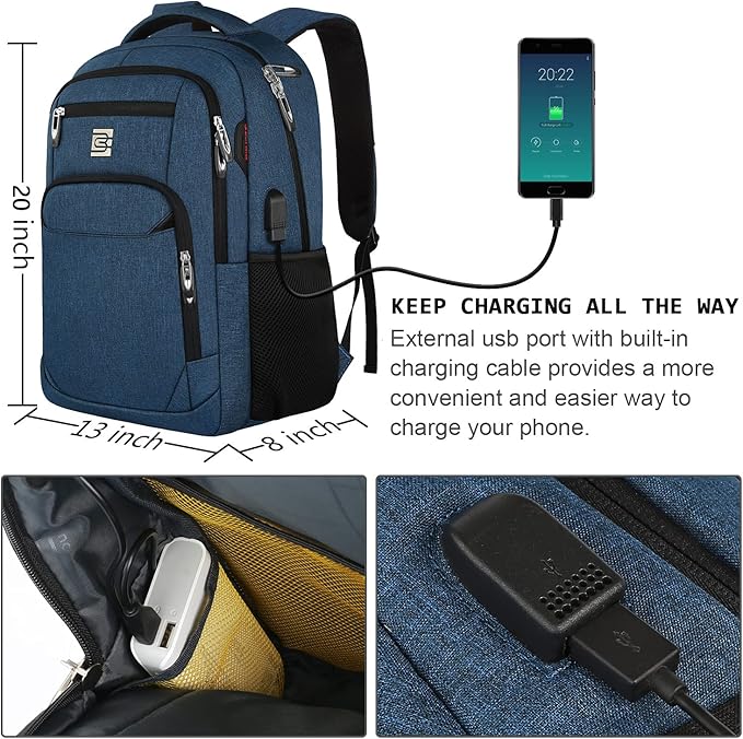 17 Inch Laptop Backpack, Business Anti Theft Slim Durable Laptops Backpack with USB Charging Port, Water Resistant College Computer Bag Gifts for Men & Women Fits 15.6 Inch Notebook-Blue