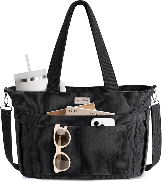 Corduroy Tote Bag for Women, 17 Pockets Laptop Work Tote Lightweight Teacher Nurse Bible Shoulder Bag for School Daily Travel