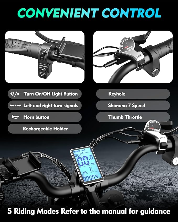 Electric Bike for Adults, 1000W/3000W Peak, 20"-26" Fat Tire Electric Dirt Bike, 48V 15.6Ah/23Ah Battery, Up to 30-35MPH & 45-60 Miles, Full Suspension, Dual Disc Brakes, 7-Speed All-Terrain E-Bike