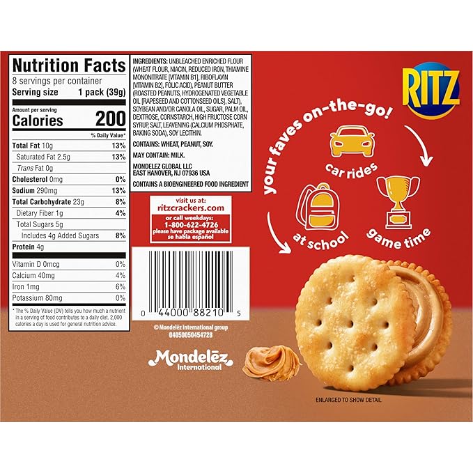 RITZ Peanut Butter Sandwich Crackers, Lunch Snacks, 48 Snack Packs (6 Boxes, 6 Crackers Per Pack)