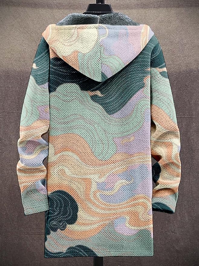2025 Men's Ethnic Pattern Hooded Jacket Long Cardigan Hoodies Full Zip Vintage Knitted Zipper Coat with Pocket