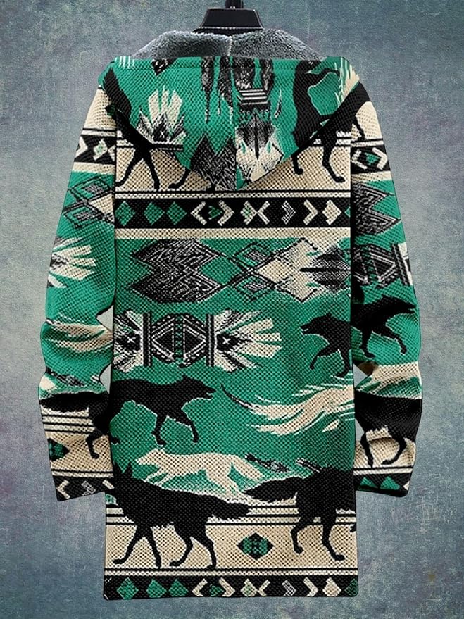 2025 Men's Ethnic Pattern Hooded Jacket Long Cardigan Hoodies Full Zip Vintage Knitted Zipper Coat with Pocket
