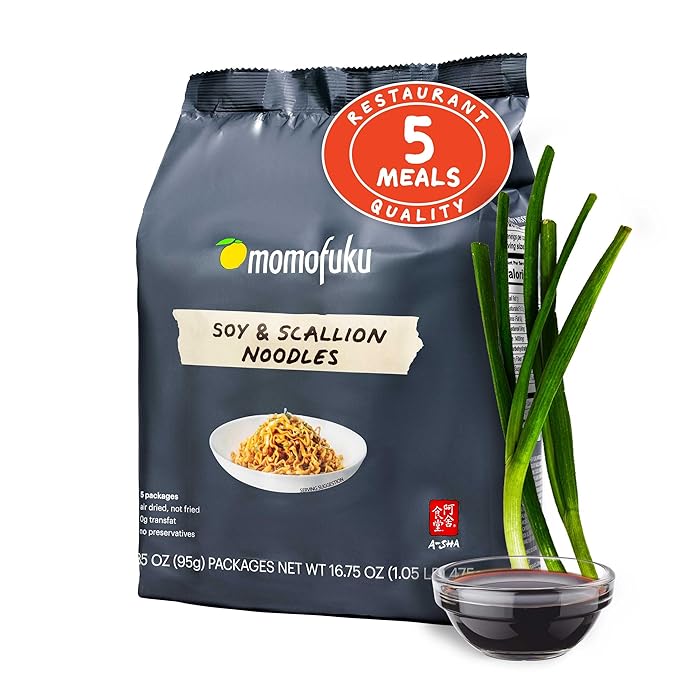 Momofuku Soy & Scallion Ramen Noodles by David Chang, 5 Count (Pack of 1) Air-Dried Vegan Instant Noodles with Sauce