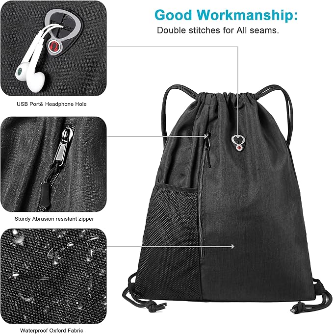 BeeGreen Mix Black Drawstring-Backpack-Gym-Bag, Large Sports Bag For Women W Water Bottle Pocket &Front Zippered Pocket, String Sackpack For Traveling Yoga Beach Outdoor