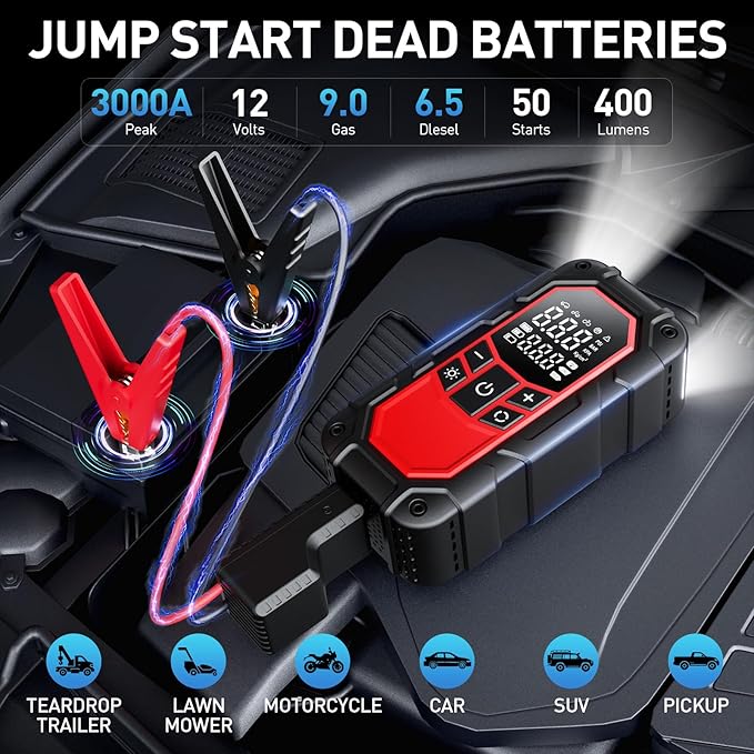 Jump Starter with Air Compressor,3000A car Battery Jump Starter (9.0 Gasoline/6.5L Diesel) with 150PSI Digital tire inflator Portable,12V Power Pack Car Jump Box Charger with LCD Display, Lights