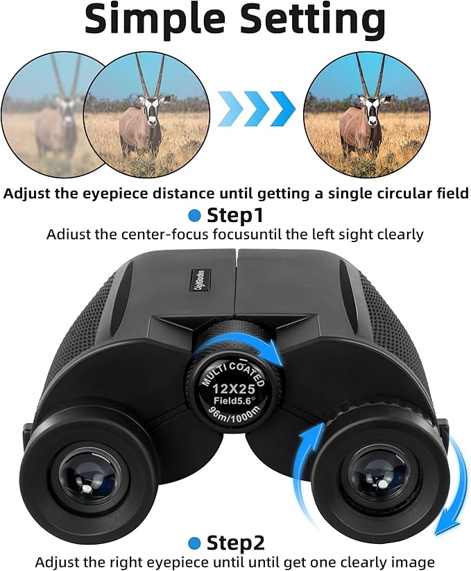 Binoculars for Adults and Kids, 12x25 HD Compact Binoculars for Bird Watching, Large Eyepiece Waterproof Binocular and Low Light Vision, Easy Focus for Sport Games, Outdoor Hunting, Travel Sightseeing