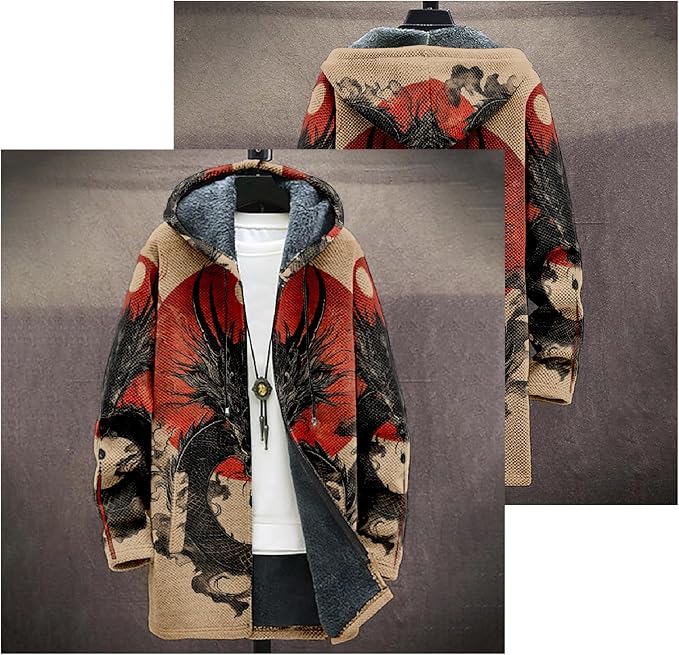 Mens Hooded Cardigan Japanese Art Zip Up Long Sleeve Sweater Hoodie Dragon Print Coat with Pockets