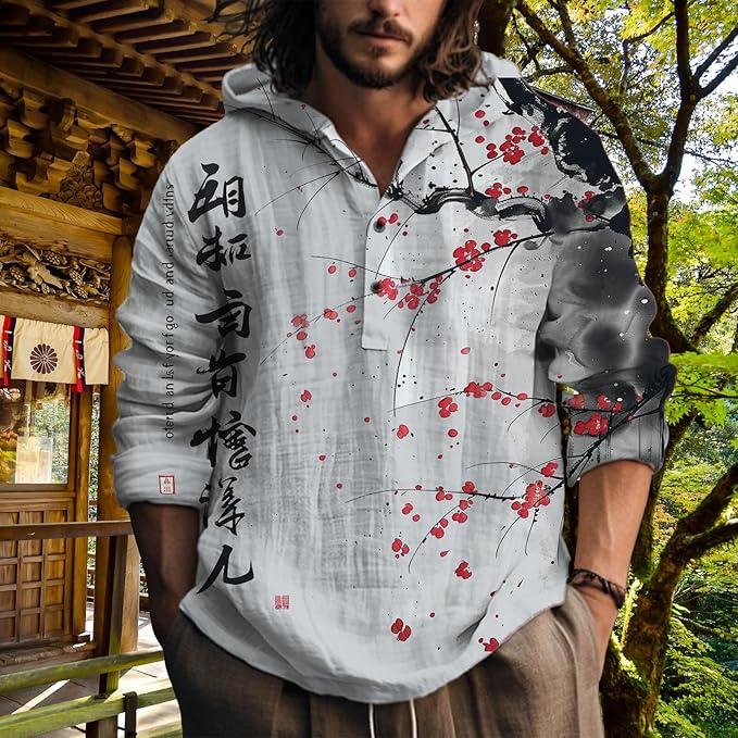 MARSVOVO Hooded Long Sleeve Shirt Men Fashion Graphic Button Up Lightweight Big and Tall Casual Vacation Shirts for Men