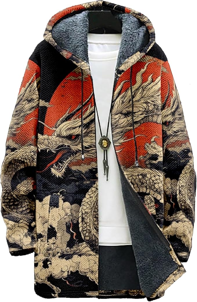 Mens Hooded Cardigan Japanese Art Zip Up Long Sleeve Sweater Hoodie Dragon Print Coat with Pockets
