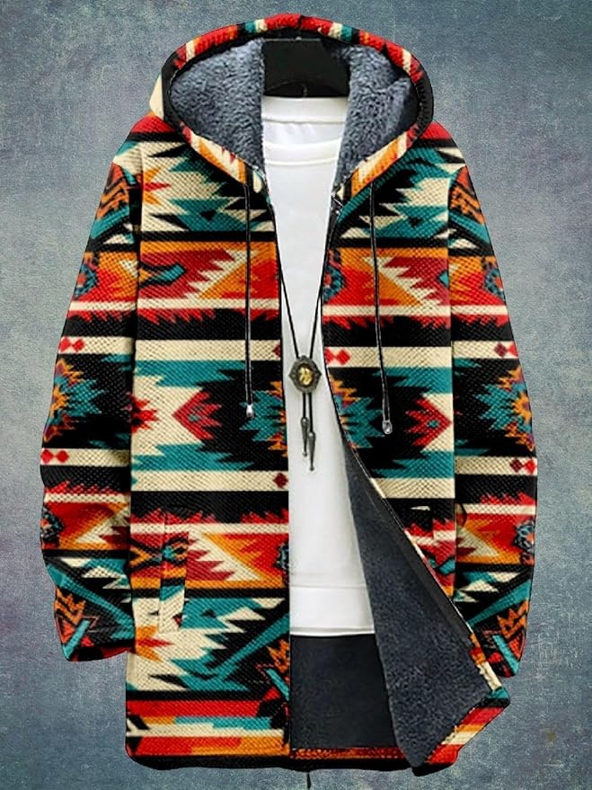 2025 Men's Ethnic Pattern Hooded Jacket Long Cardigan Hoodies Full Zip Vintage Knitted Zipper Coat with Pocket