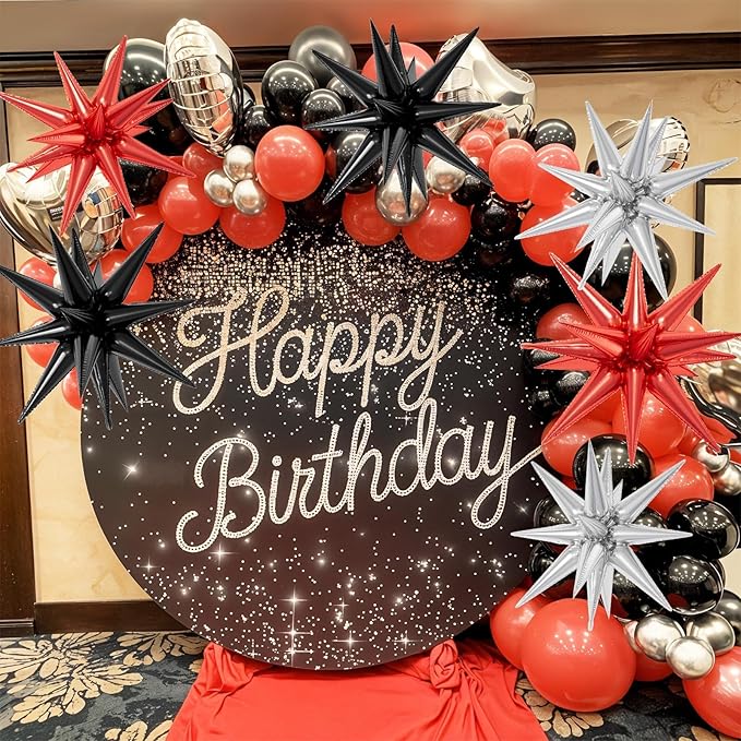 6PCS Star Balloons, 22Inch Large Black Red Silver Star Balloon Explosion Foil Balloons Cone Spike Balloon for Birthday Graduation Wedding Anniversary Party Backdrops Decorations