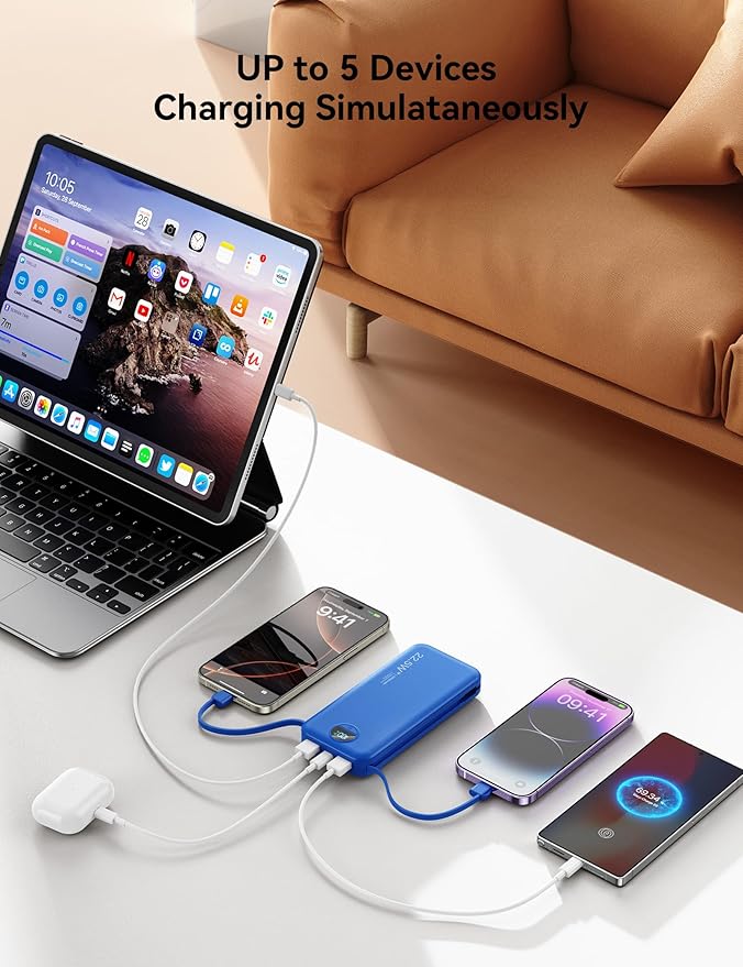 12000mAh Ultra-Portable-Charger-Power-Bank with Built in Cables&AC Wall Plug,PD20W USB-C Fast Charging Cell Phone Charger Battery Pack,LED Display Travel Battery Bank for All iPhone,Samsung,Android