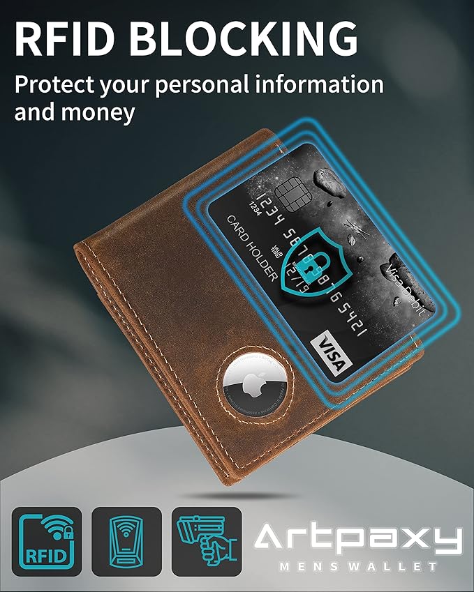 Mens Wallet With AirTag Holder, Bifold Leather RFID Blocking 1-2 ID Windows 12-13 Card Holders, Gift Box and Screen Protector Included, AirTag Not Included