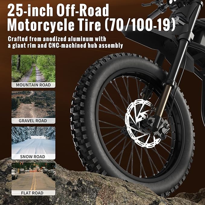 Winter Electric Dirt Bike for Adults, Upgraded 3000W 60V 50MPH //2400W 48V 37MPH Dirtbike, 36.4AH Dual Battery Ebike Up to 85 Miles, 25" Motorcycle Tire, UL2849 All Terrain for Mountains, Snow, Sand