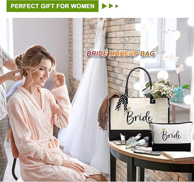 BeeGreen Bride Canvas Tote Bag for Bride Bridesmaid Gifts Bachelorette Engagement Gift w Leather Handle Bridal Shower Gift for Women with Zipper Pocket Embroidery Monogram Wedding