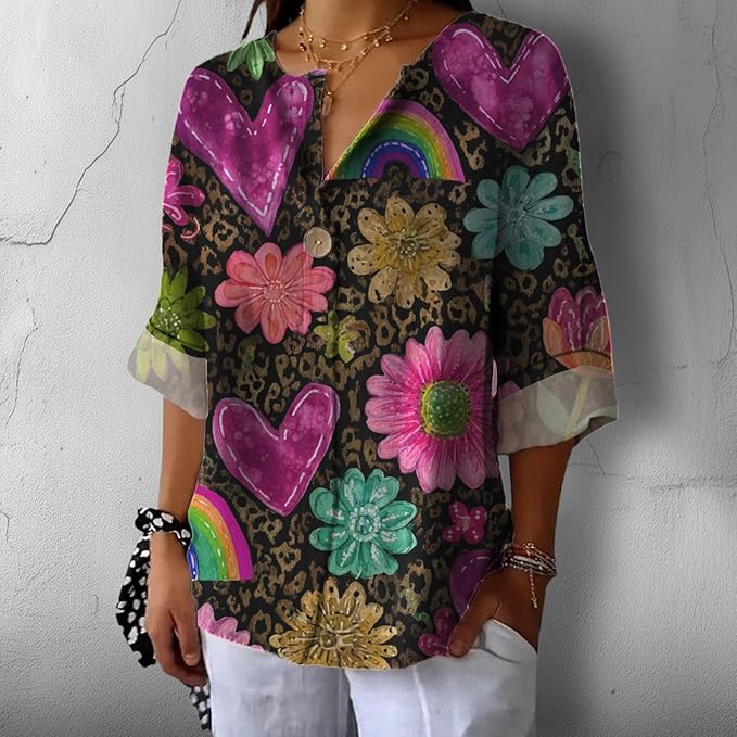 Fashion Shirts for Women Loose Fit Button Down V Neck Blouse 3/4 Sleeves Casual Tunic Tops Summer Outfits