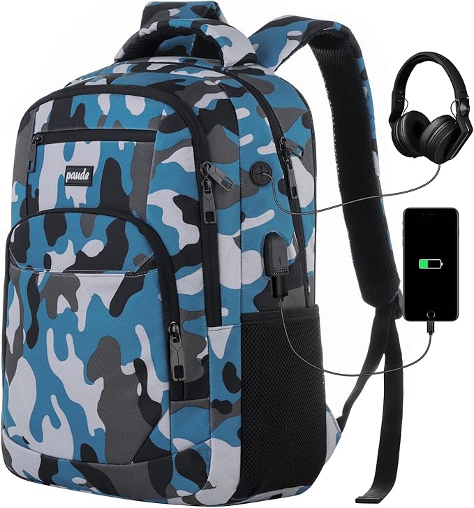 Backpack for Men,College Backpack School Bookbag for Teens,Laptop Bookbag with USB Port and Headphone Hole,Camouflage Blue