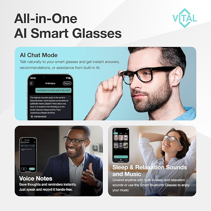Vital Smart Glasses for Men AI Translation – Open-Ear Bluetooth 5.3 Audio, 164-Language Translator in Phone App Vital Smart Glasses for Women UV400 Blue-Light Blocker Voice-Assistant Eyewear AI Glass