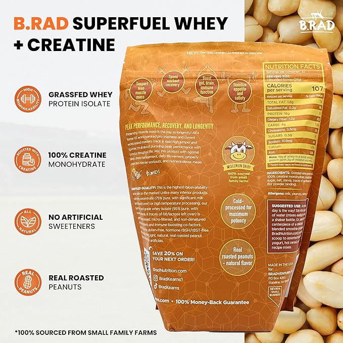 B.rad Superfuel - Grass Fed Whey Protein Isolate Boosted with Creatine | Farm-Fresh, Easy-to-Digest, Clean Ingredients | 2 Pounds | 100% USA Sourced | Peanut Butter