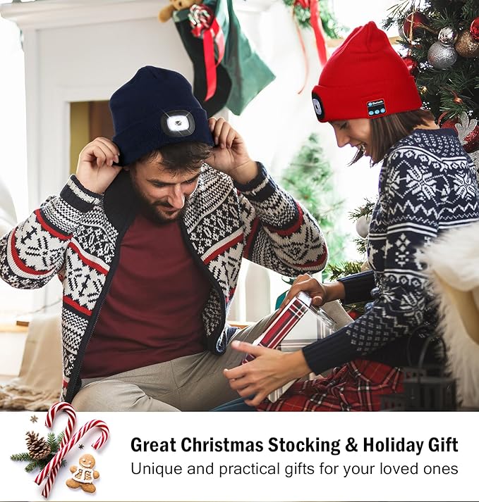 CENSGO Bluetooth Beanie with The Light, Unique Tech Gifts for Men Husband Him Teen, Wireless Headphones for Fishing Jogging Working, Christmas Stocking Black