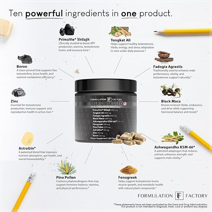 Formulation Factory Self Obsessed MAXXED 10-in-1 Men’s Vitality Supplement with Shilajit, Tongkat Ali, Ashwagandha, Maca, Fadogia, Fenugreek, Zinc, Boron & AstraGin® – 2 Month (Pack of 1)