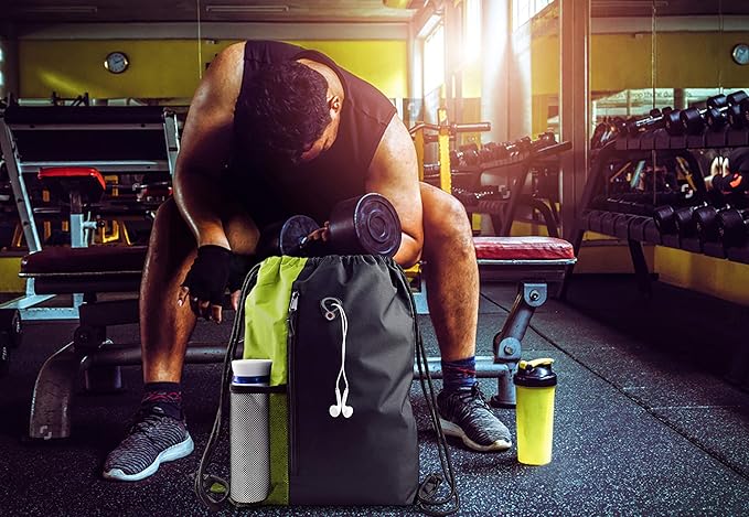 BeeGreen Lime Gym Bag Drawstring Backpack for Women Sports Backpack Workout Bag With 2 Water Bottle Mesh Pockets And Two Zipper Pockets