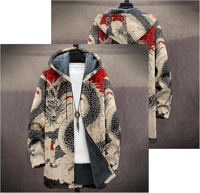 Mens Hooded Cardigan Japanese Art Zip Up Long Sleeve Sweater Hoodie Dragon Print Coat with Pockets