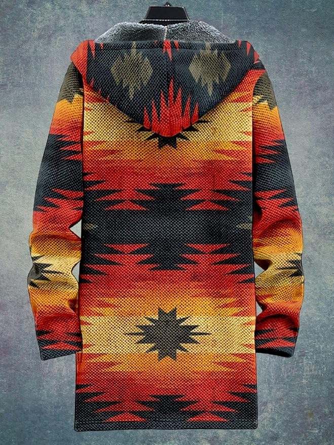 2025 Men's Ethnic Pattern Hooded Jacket Long Cardigan Hoodies Full Zip Vintage Knitted Zipper Coat with Pocket
