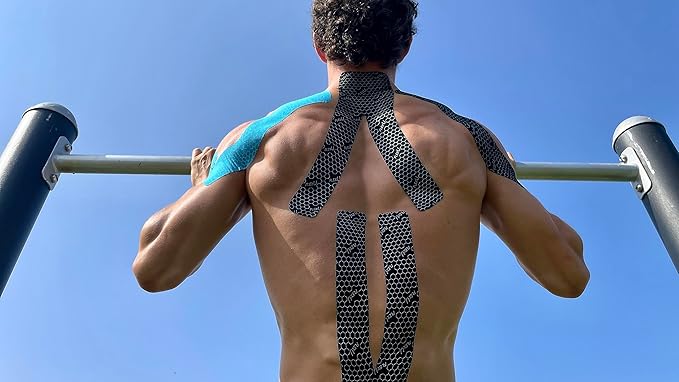 FlexU Kinesiology Tape - 60 2" x 10" Pre-Cut Strips for Lower Back, Knees, & Shoulders; Pain Relief & Support for Muscles & Joints, Shoulders, Knees & Back, Rheumatism, Gout, Osteoporosis (Blue)