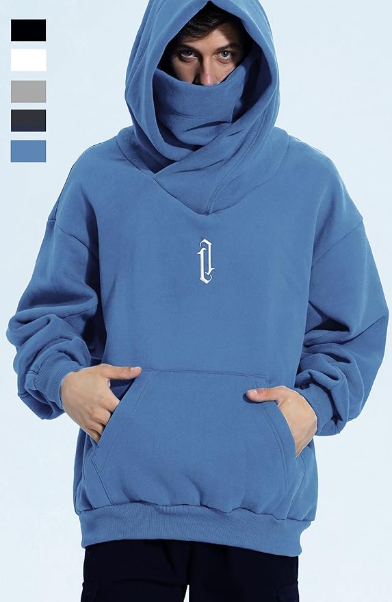 Fleece Hoodies for Men Cowl Neck Sweatshirts Hood with neck Gaiter Casual Pullover Fall Winter with Embroidery